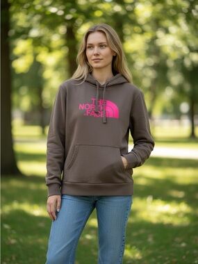 The North Face Brown Hoodie with Pink Logo